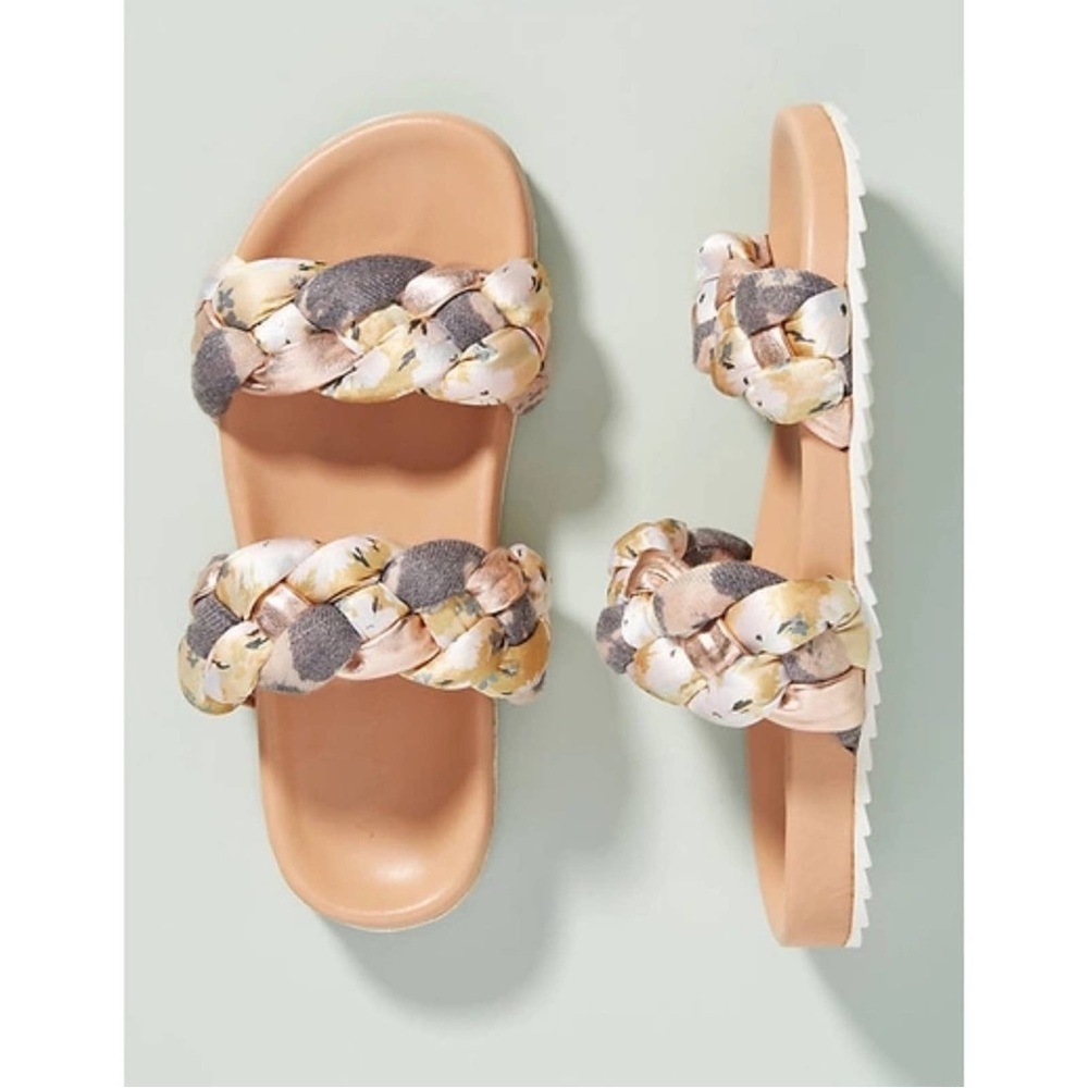 Anthropologie Mae Braided Rose Gold Floral Sandals Slides